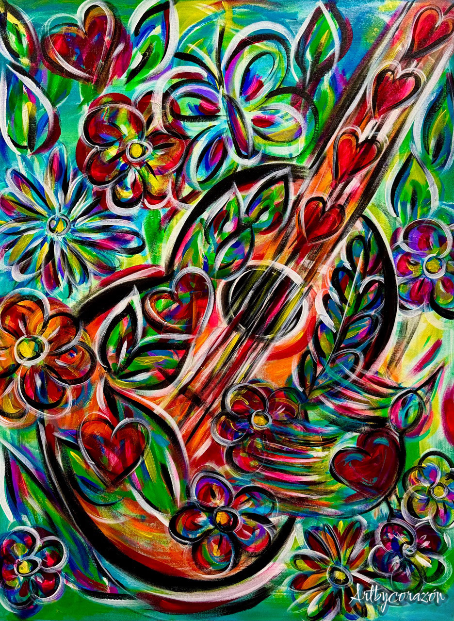 Vibrant abstract painting of a saxophone surrounded by flowers and hearts, by Brenda Corazon Marquez