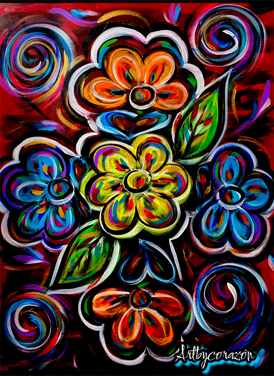 Colorful abstract floral painting on a deep red and black background, by Brenda Corazon Marquez