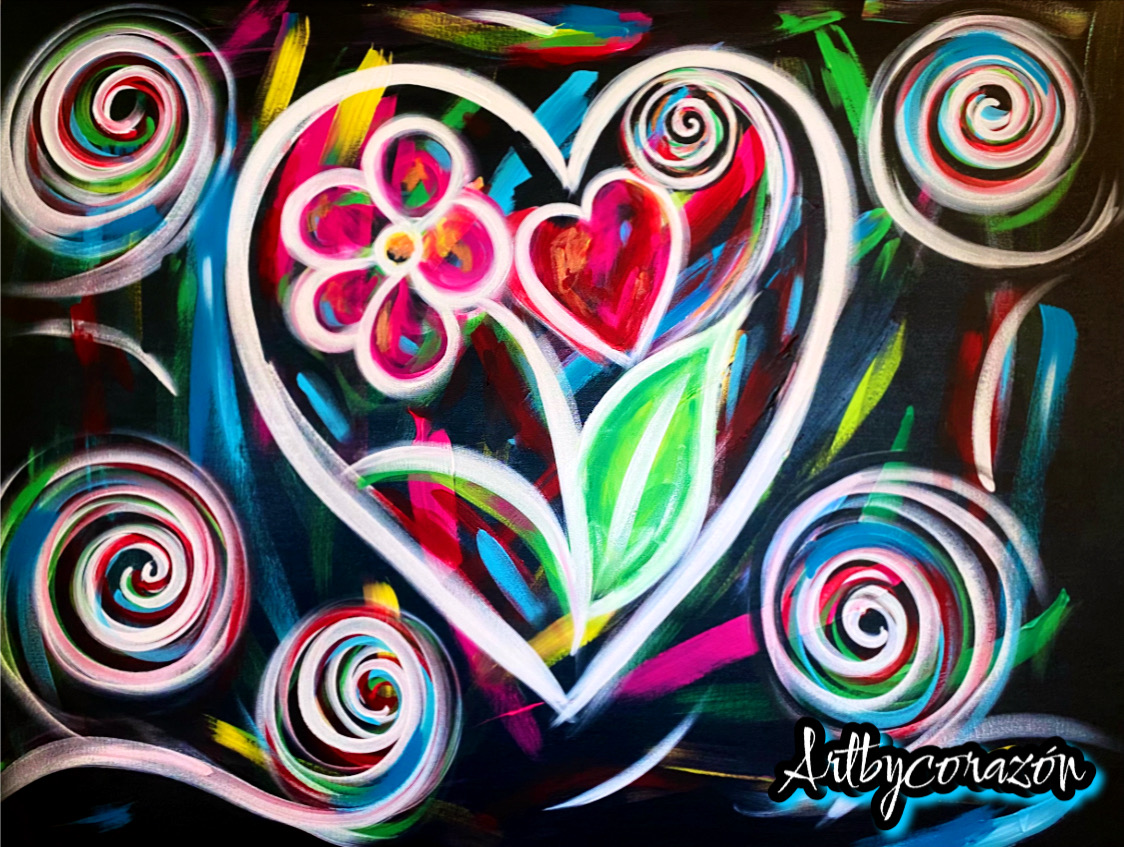 Abstract painting of a flower and heart framed by colorful spirals, by Brenda Corazon Marquez