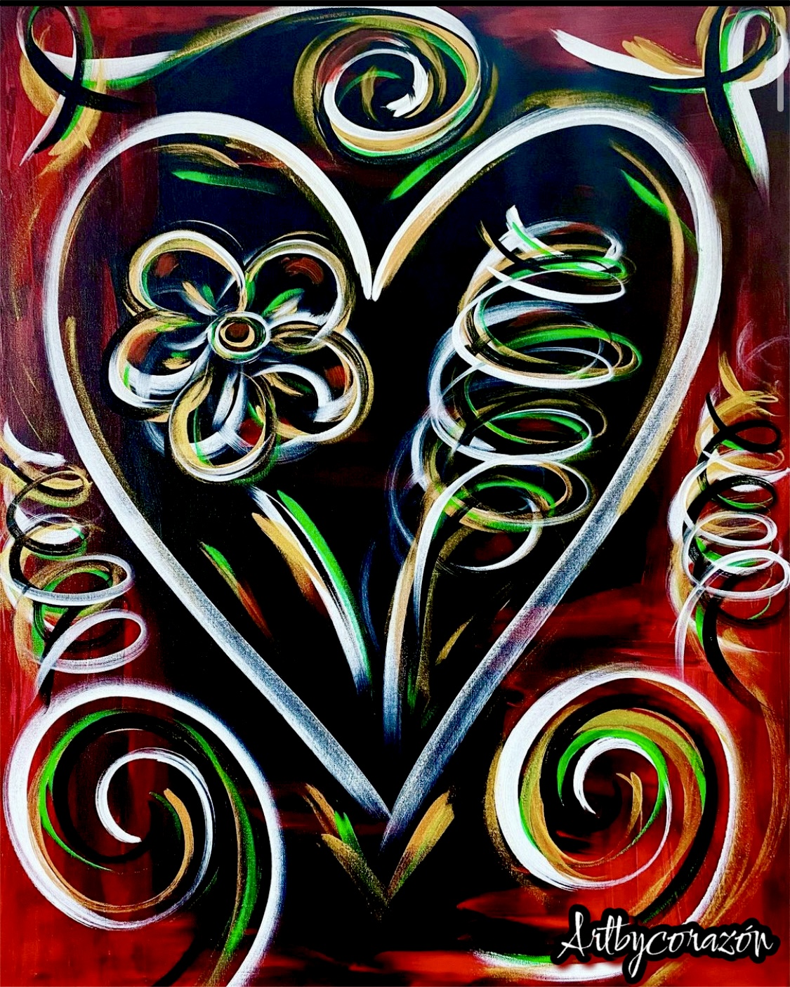 Abstract heart and flower painting in red, black, gold, green, and white, by Brenda Corazon Marquez