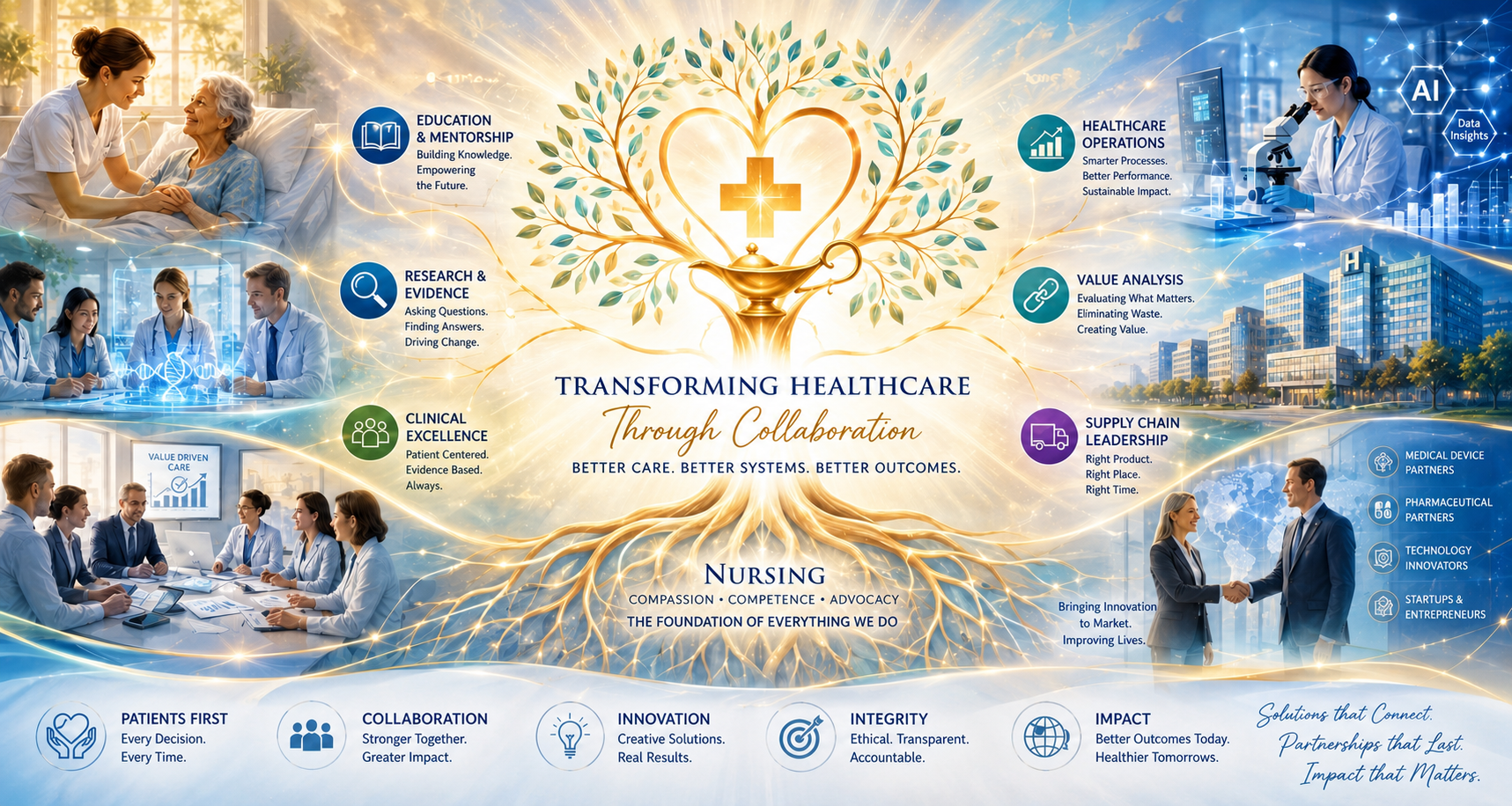 Healthcare collaboration infographic connecting nursing with education, research, clinical excellence, healthcare operations, Value Analysis, supply chain leadership, and innovation.